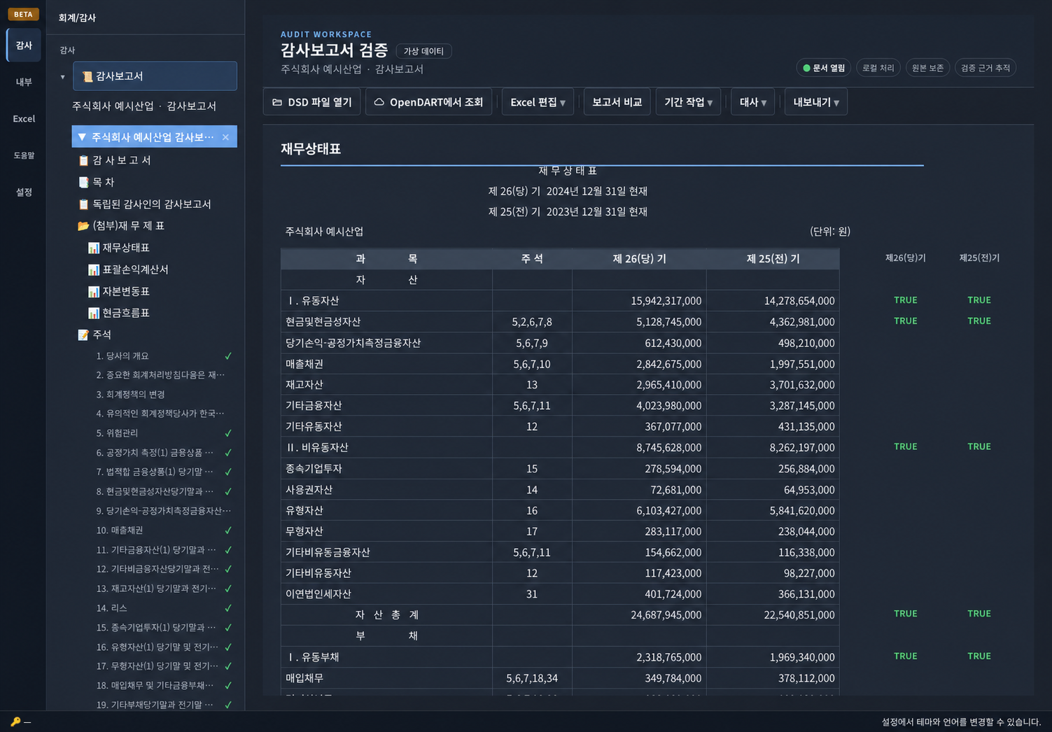 Axon example screen showing the total verification result of the current and previous period as TRUE in the synthetic financial position statement of the virtual company example industry